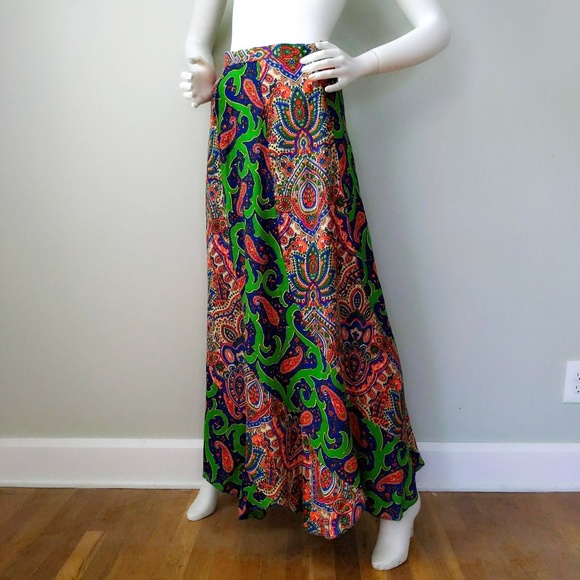 Vtg 70s Paisley Print Long Maxi Full Circle Skirt - Picture 3 of 6